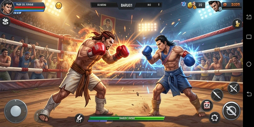 Tampilan menarik dari gameplay BARU01 saat karakter bertarung di arena.