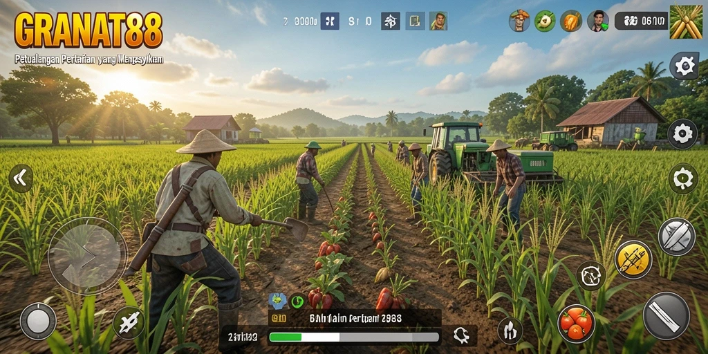 Screenshot gameplay GRANDAT88 menampilkan lahan pertanian yang subur dan aktivitas bertani.