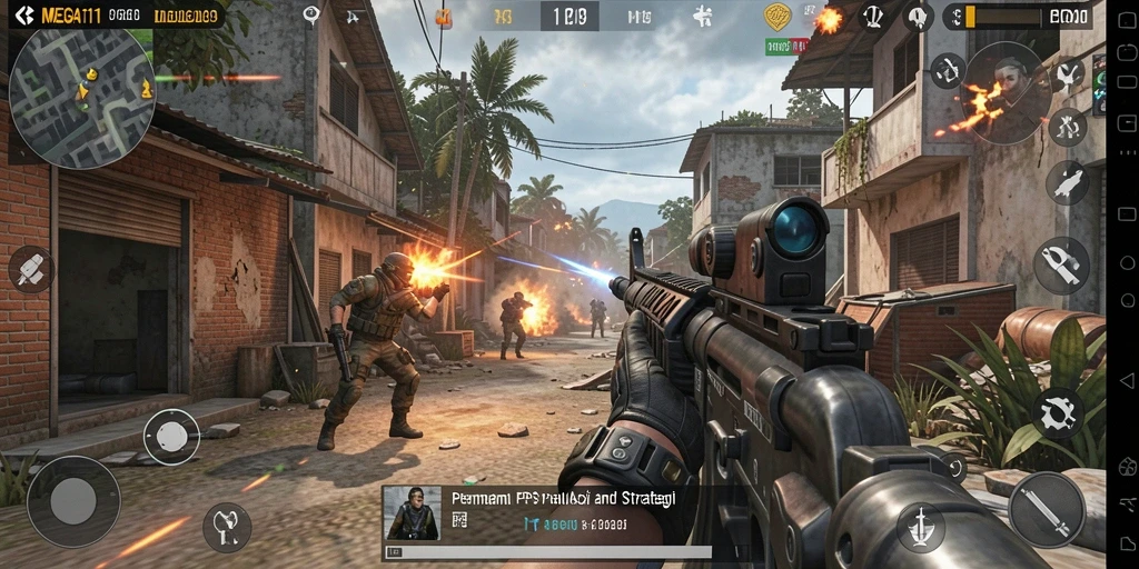 Screenshot gameplay MEGA111 yang menunjukkan aksi tembak-menembak yang intens.