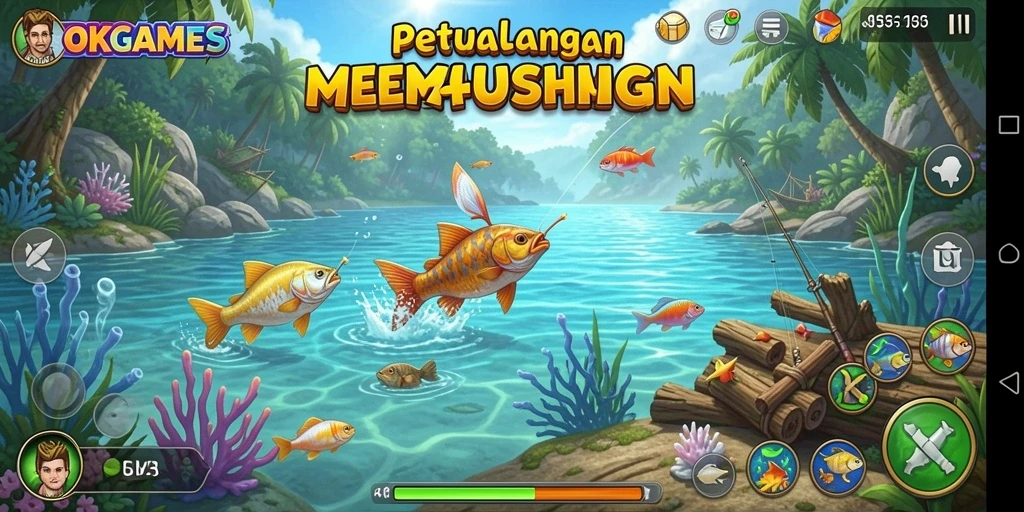 Screenshot OKGAMES menampilkan pemain yang menangkap ikan besar di lokasi memancing yang indah.