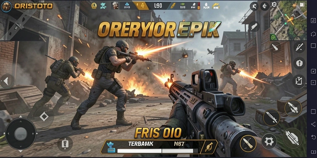 Tangkapan layar gameplay ORISTOTO menampilkan aksi tembak-menembak yang mendebarkan.