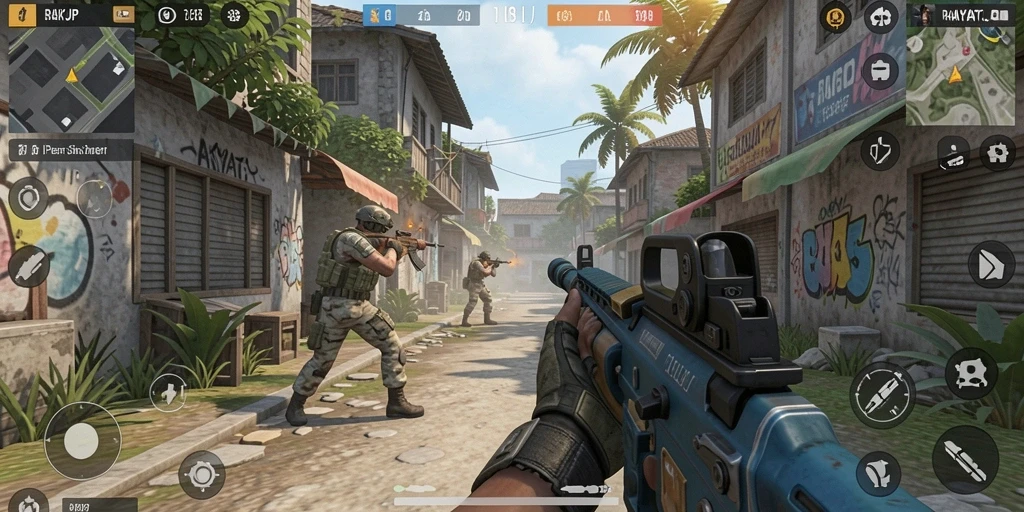 Tampilan gameplay RAKYATJP yang mendebarkan dalam aksi TPS.