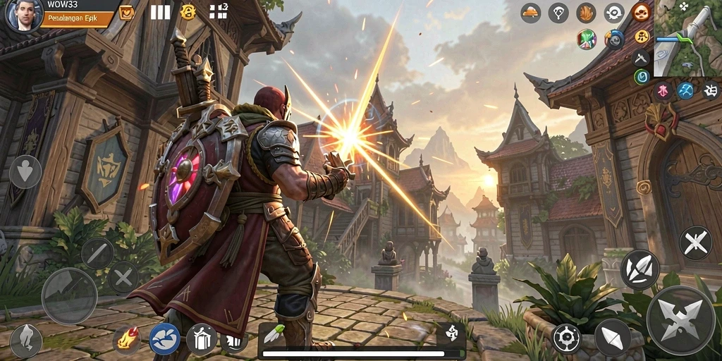 Screenshot utama WOW33 menampilkan pertarungan epik dalam dunia MMORPG yang luas.